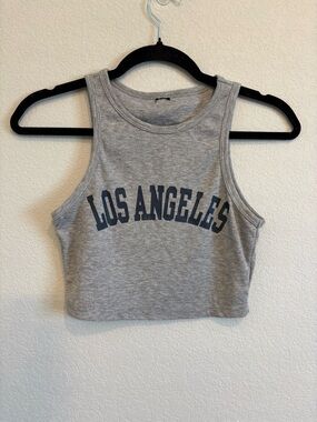 LA Graphic Crop Tank Top Gray Y2K Baby Tee Ribbed Fitted Athleisure Top XS/S